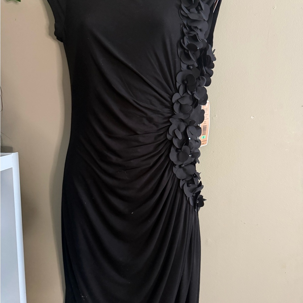 Nue by Shani Black Asymmetrical Dress with Floral Accents